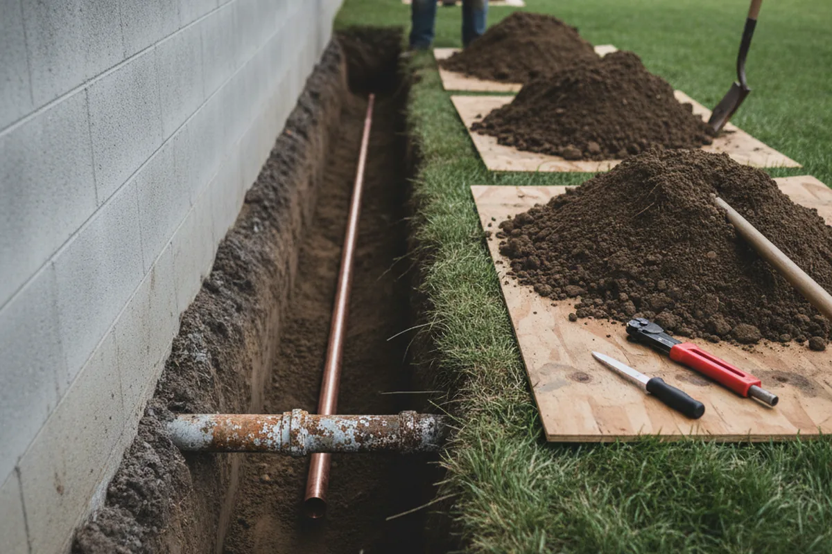 Excavated water line trench during Water Softener Installation in Bryan